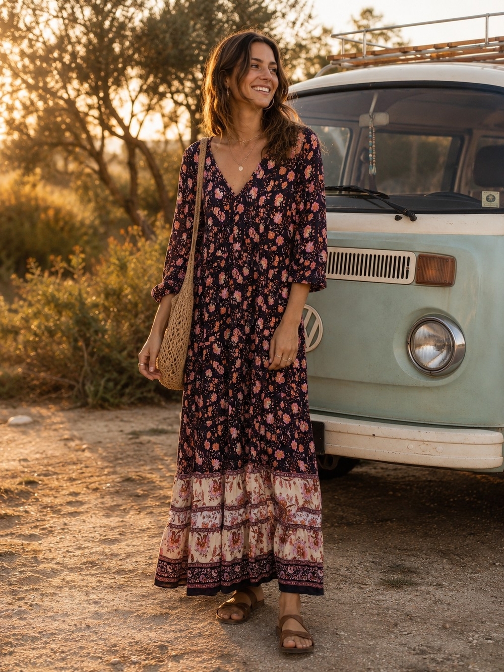 NATURAL LIFE Boho Maxi Dress Tiered Floral Print and Cream Border Size Large - Picture 1 of 6